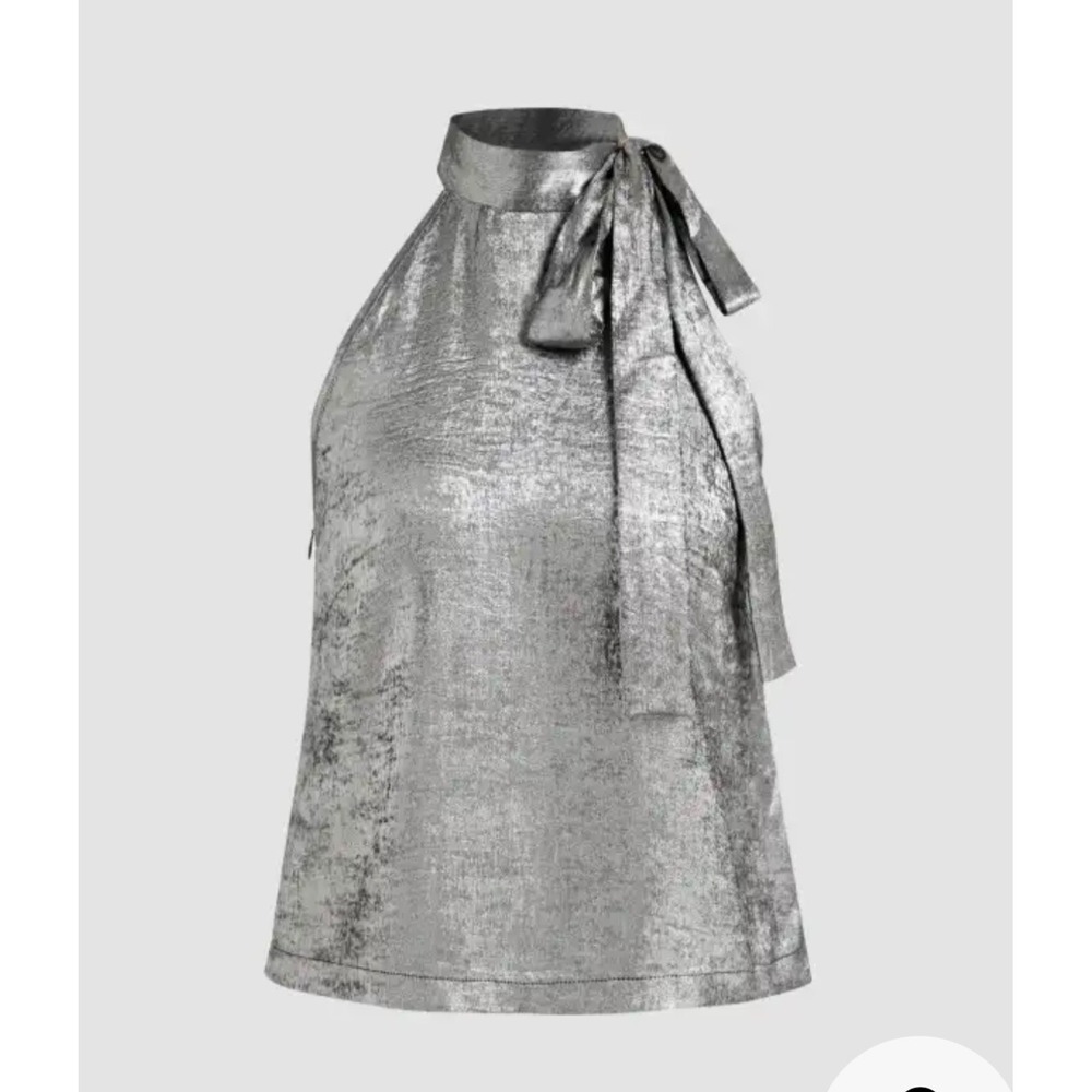 Cider Halter Top Women Large Silver Metallic Sleeveless Tie Neck Party Blouse